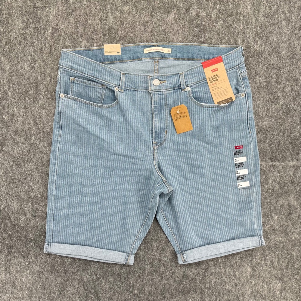 Levis Classic Bermuda Shorts Womens 16 W33 Pinstripe Blue Hypersoft Mid Rise NWT